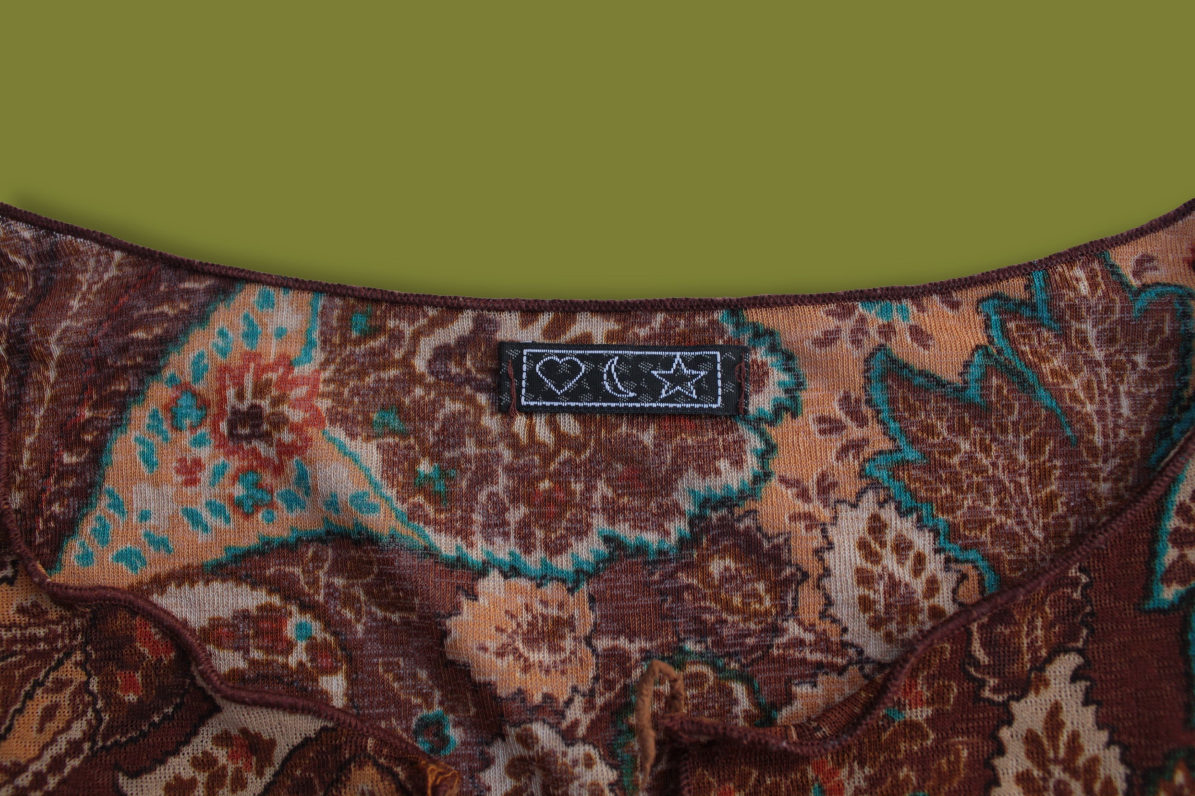 Y2k Brown paisley bell flare sleeve top