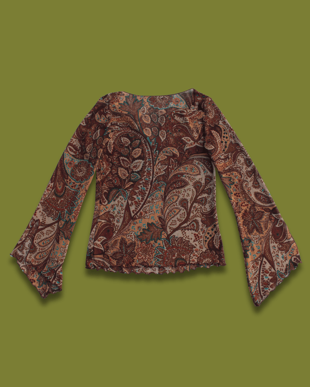 Y2k Brown paisley bell flare sleeve top