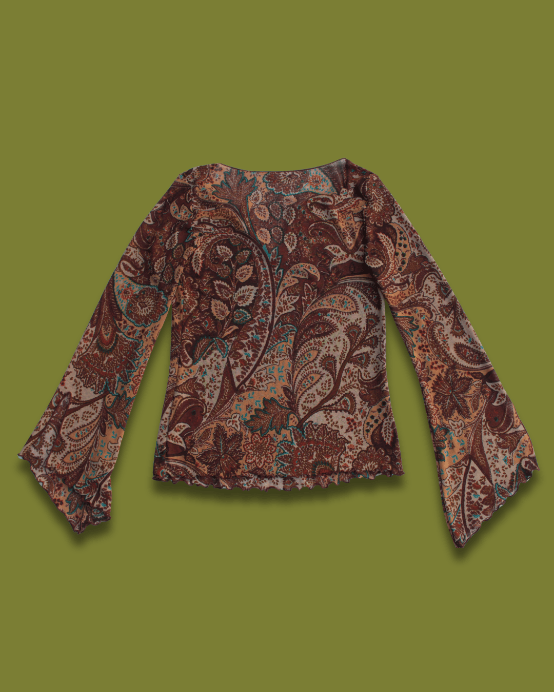 Y2k Brown paisley bell flare sleeve top