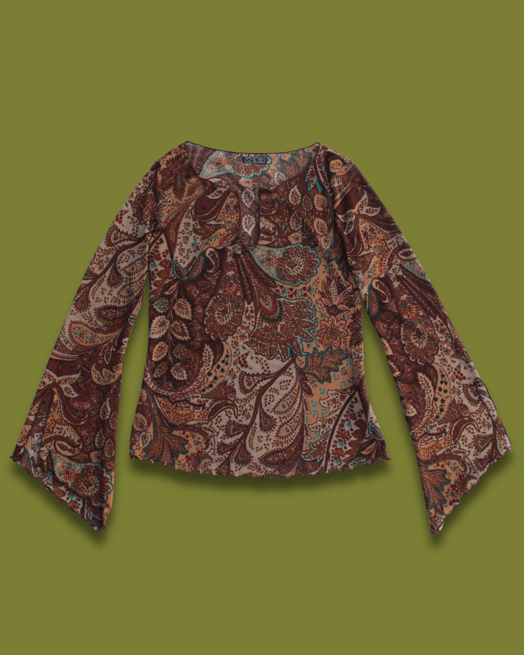 Y2k Brown paisley bell flare sleeve top