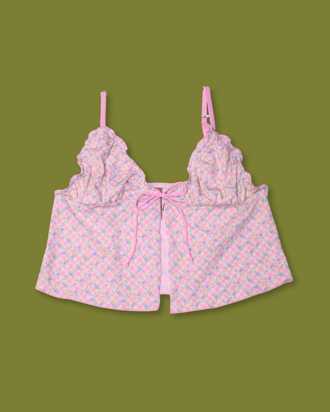 Gingham Floral Lettuce-hem Tie-front Tankini-top