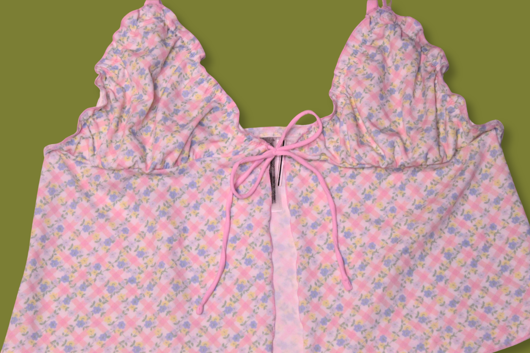 Gingham Floral Lettuce-hem Tie-front Tankini-top