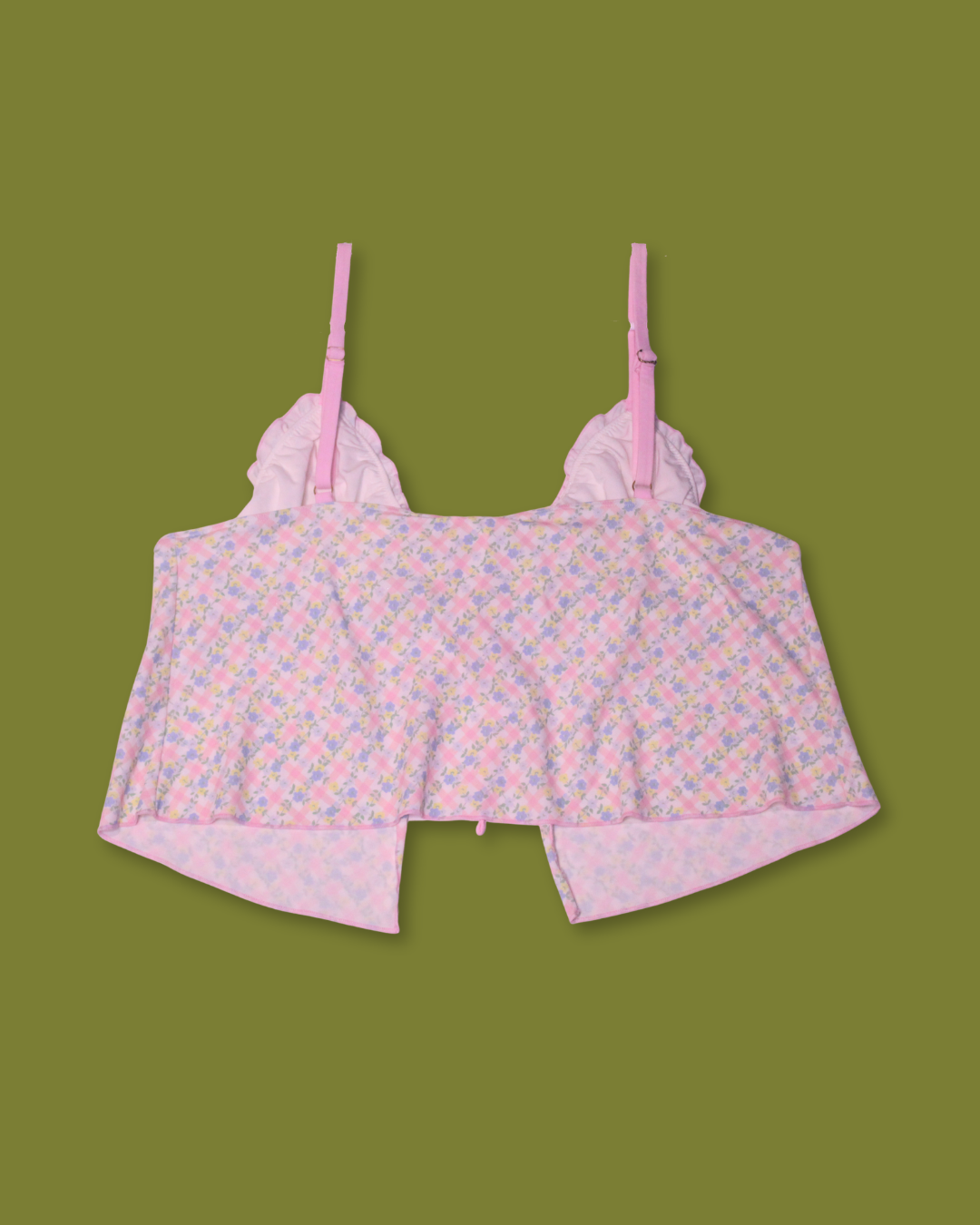 Gingham Floral Lettuce-hem Tie-front Tankini-top