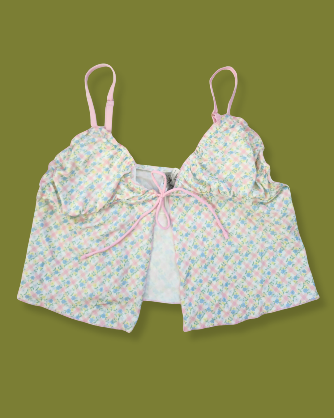 Gingham Floral Lettuce-hem Tie-front Tankini-top