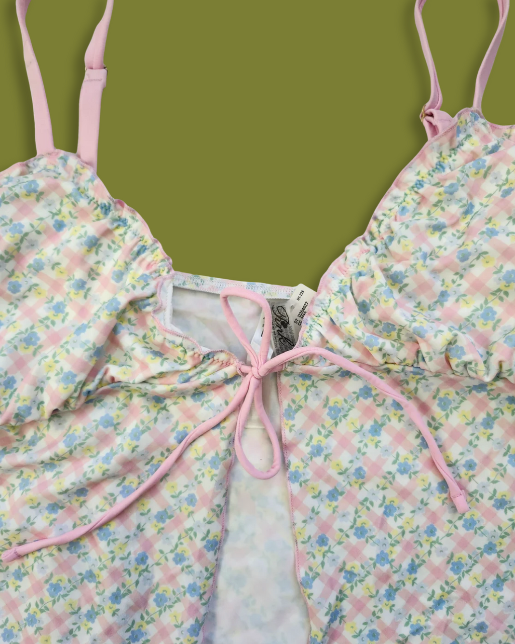 Gingham Floral Lettuce-hem Tie-front Tankini-top