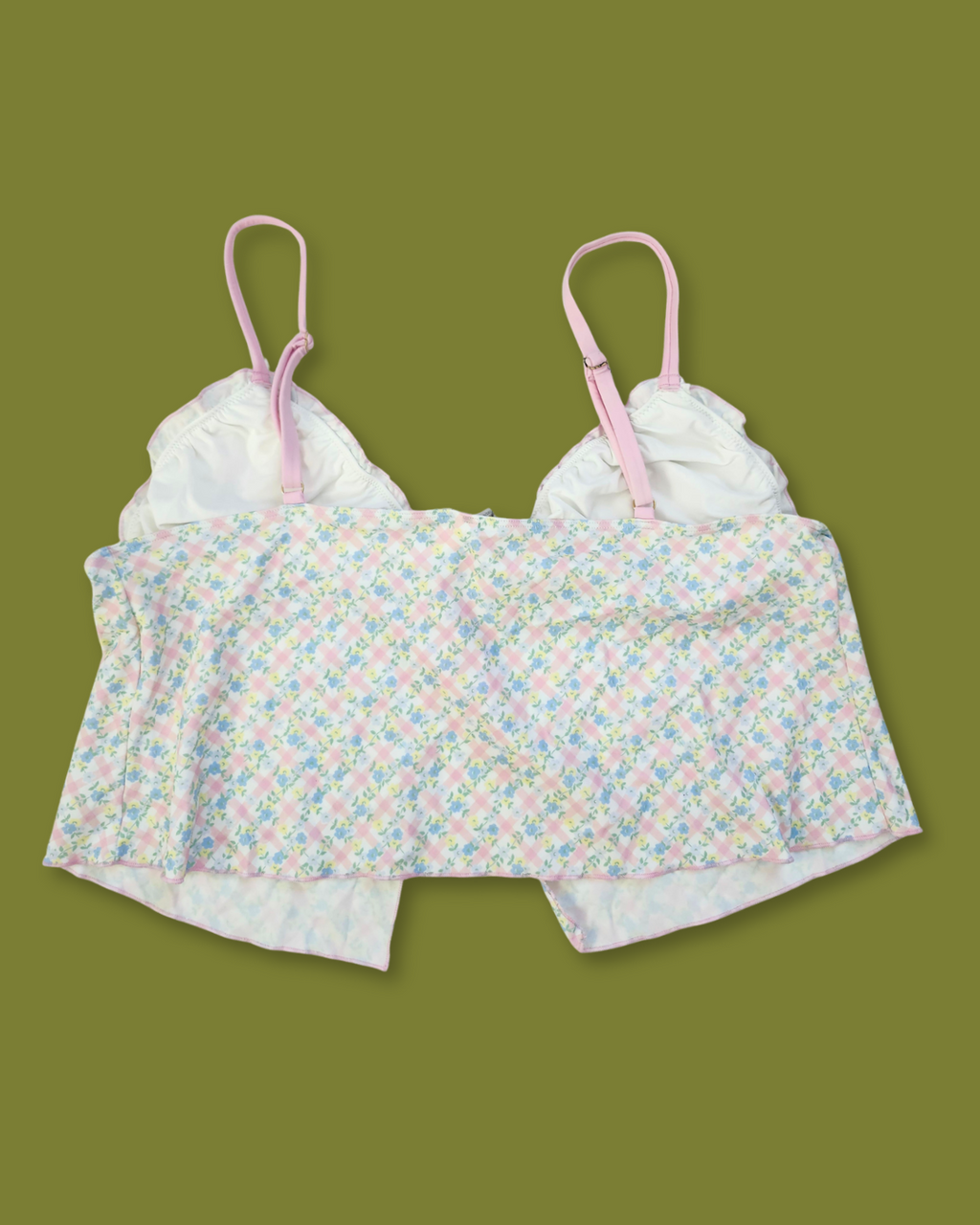 Gingham Floral Lettuce-hem Tie-front Tankini-top