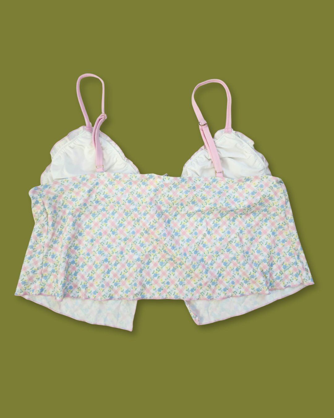 Gingham Floral Lettuce-hem Tie-front Tankini-top