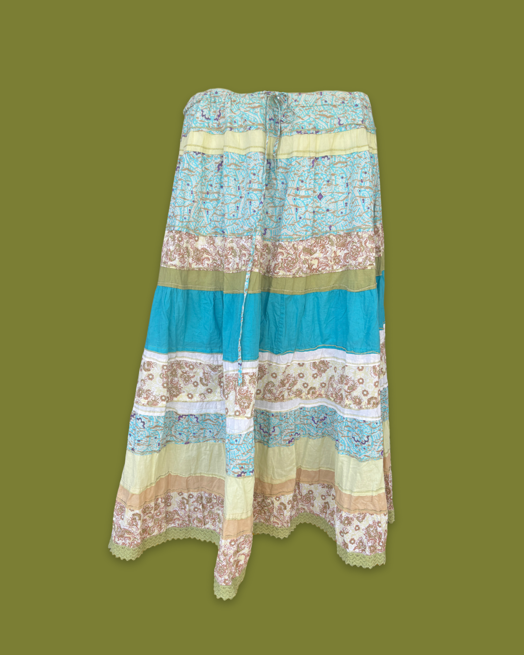 Patchwork Tiered Drawstring Maxi-skirt