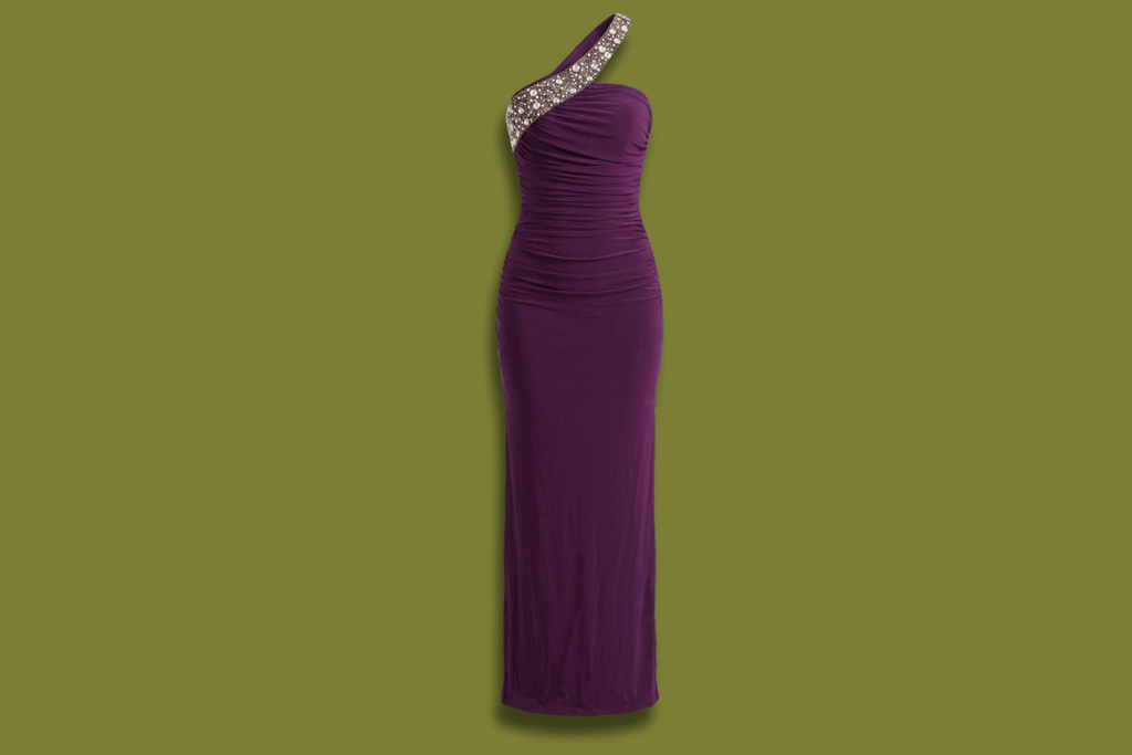 Beaded One-Shoulder Ruched Gown