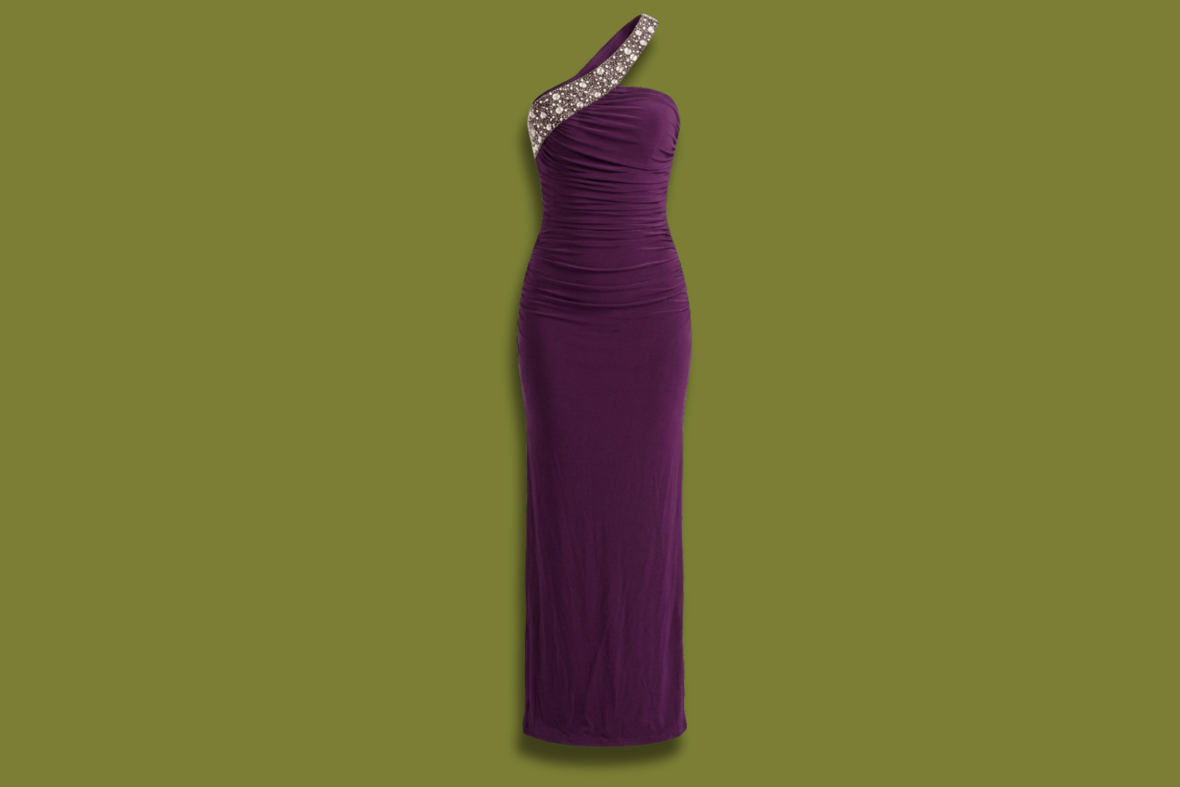 Beaded One-Shoulder Ruched Gown