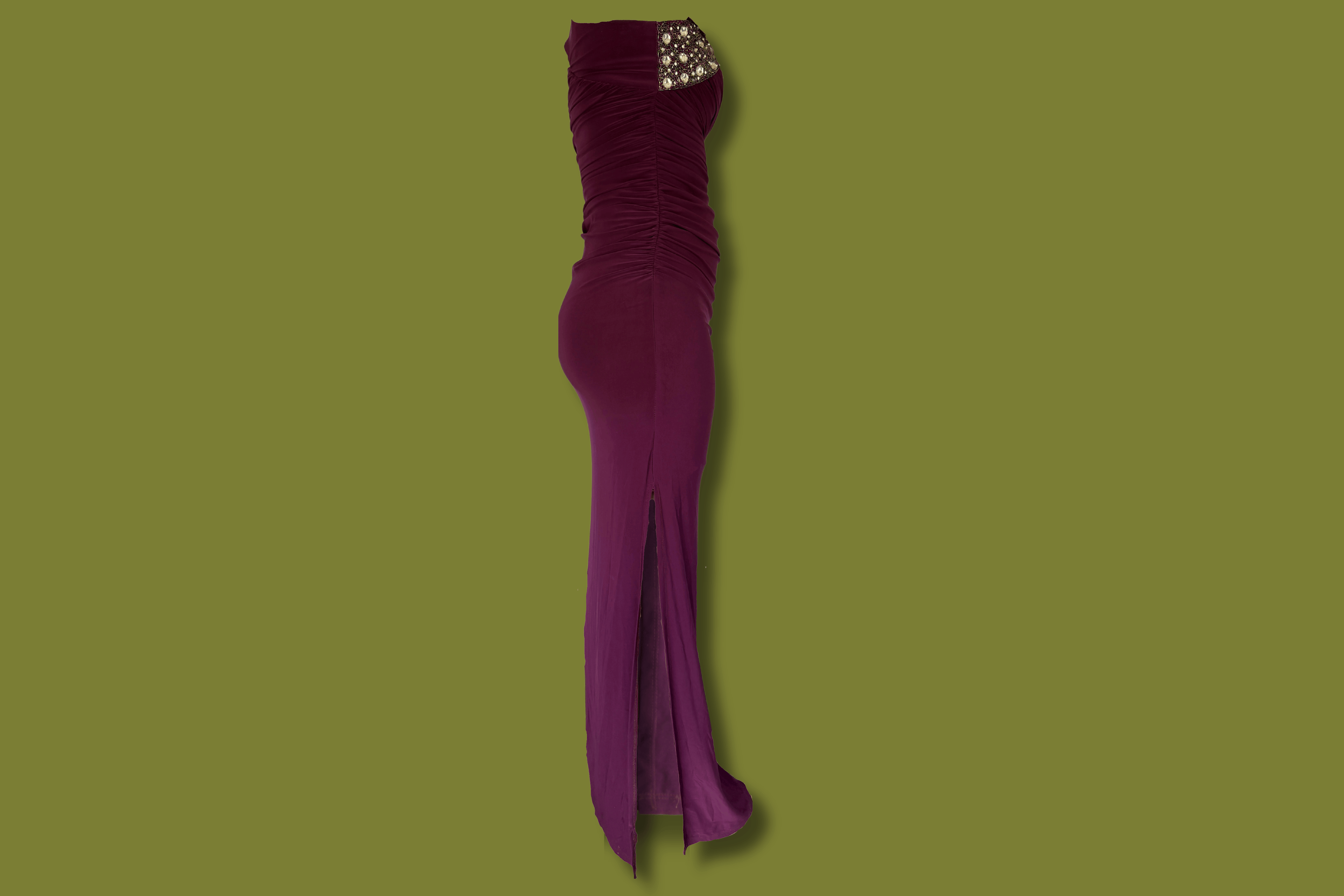 Beaded One-Shoulder Ruched Gown