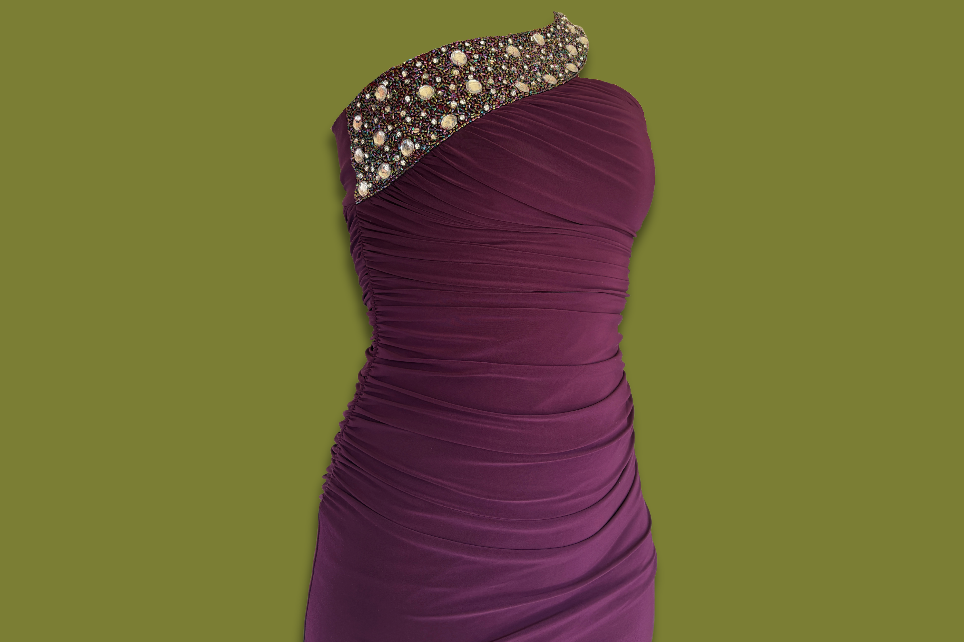 Beaded One-Shoulder Ruched Gown