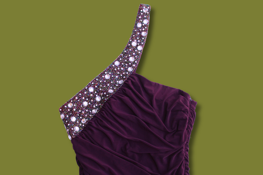 Beaded One-Shoulder Ruched Gown