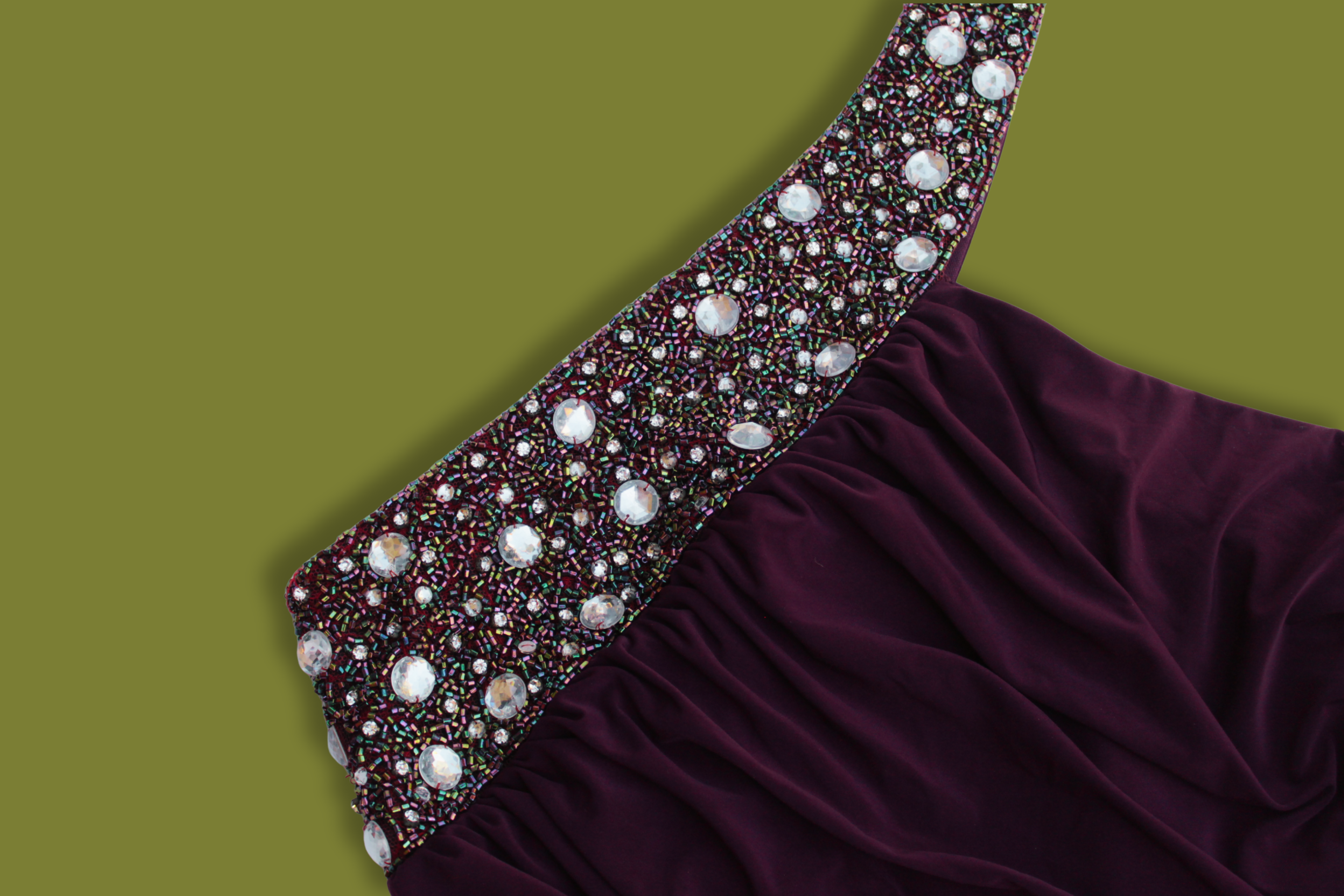 Beaded One-Shoulder Ruched Gown