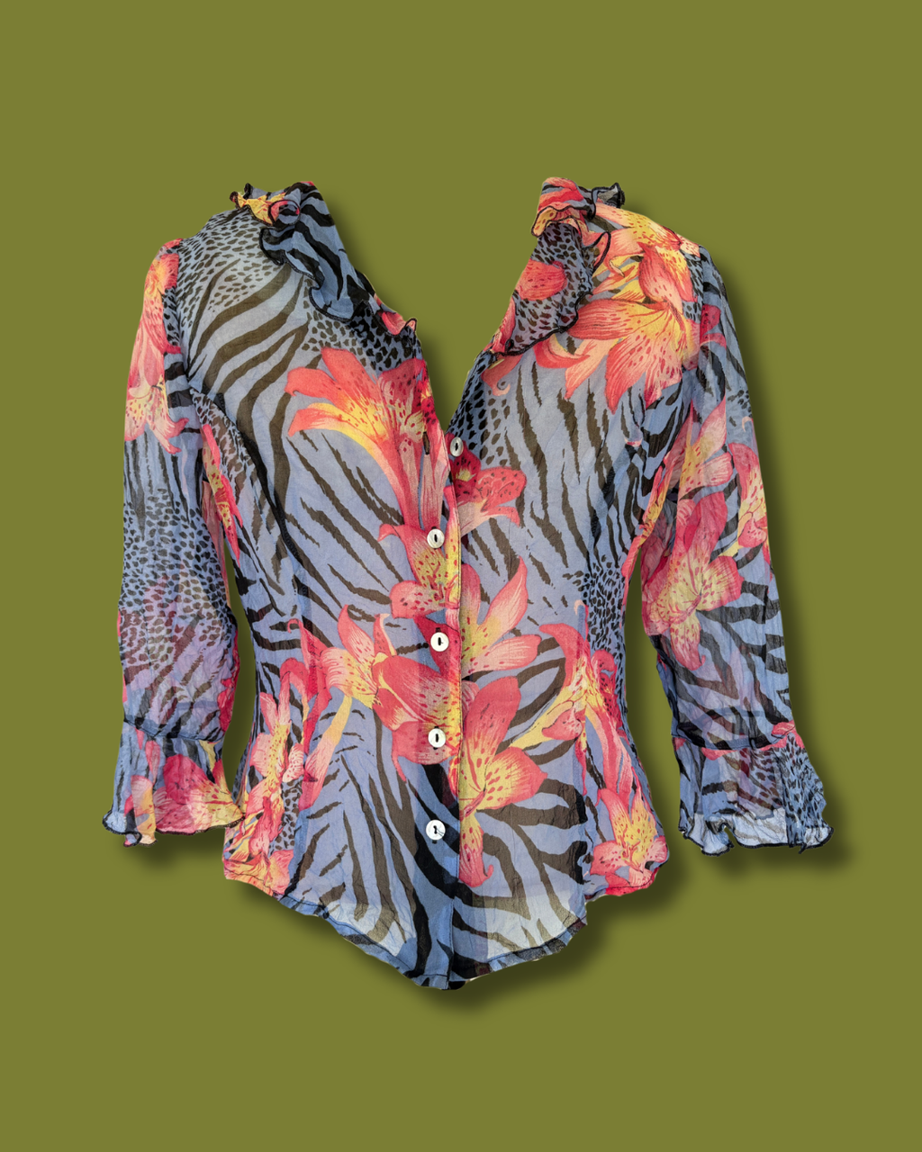 Tropical Quarter-sleeve Ruffled Button-down