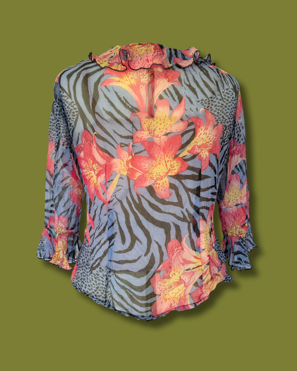 Tropical Quarter-sleeve Ruffled Button-down