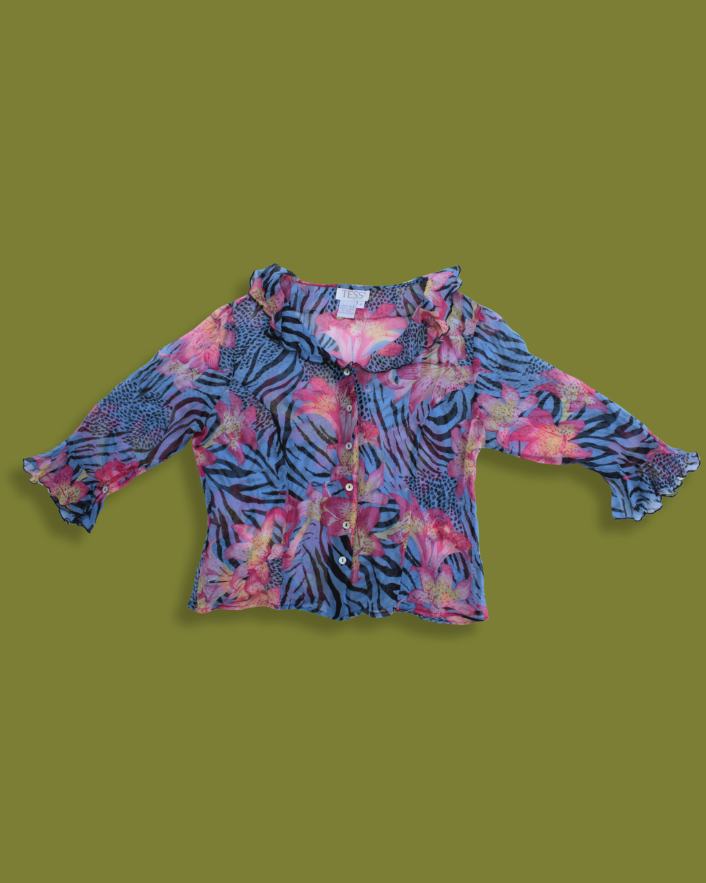 Tropical Quarter-sleeve Ruffled Button-down