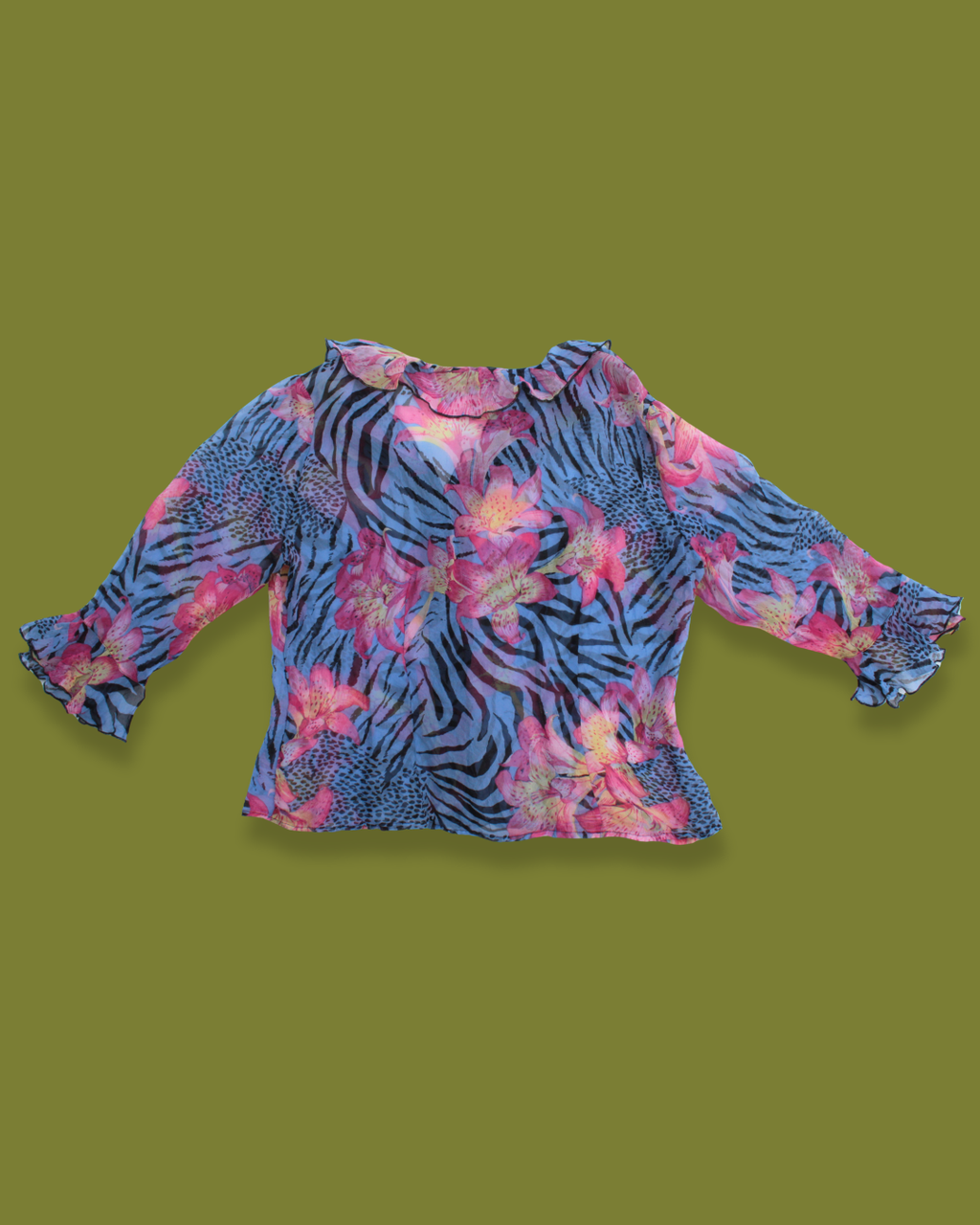 Tropical Quarter-sleeve Ruffled Button-down