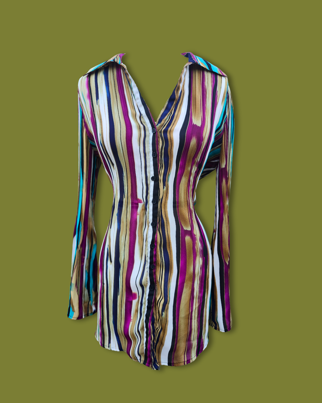 Striped Flare-sleeve Long Button-up