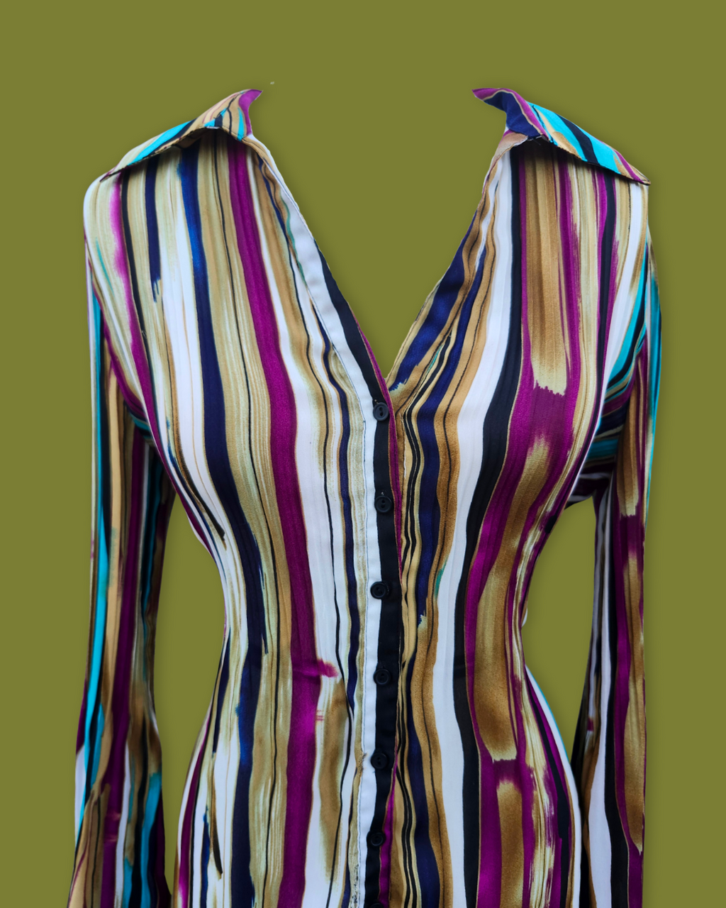 Striped Flare-sleeve Long Button-up