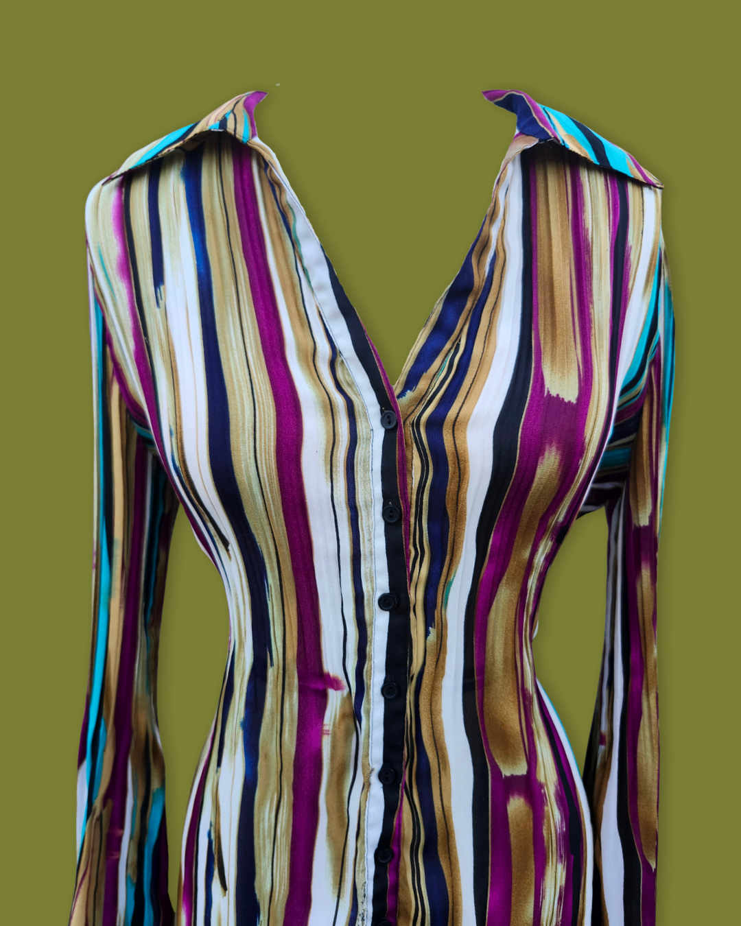 Striped Flare-sleeve Long Button-up
