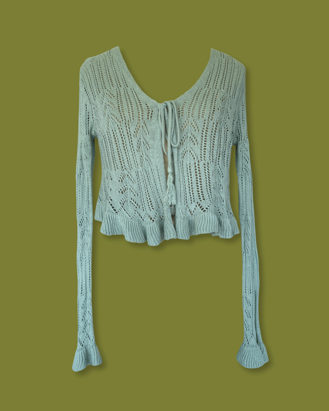 Knit Tie-front Ruffle-sleeve Cardigan